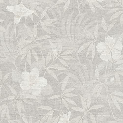 Papier peint fleur exotique gris et blanc couloir | Tapisserie fleur hibiscus grise & blanche | Papier peint tropical chic clair chambre