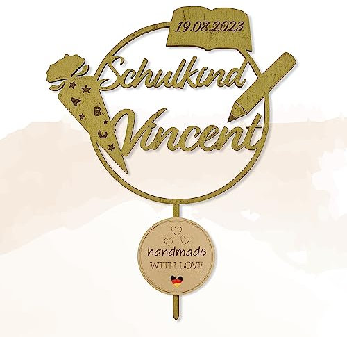Cake Topper zur Einschulung mit Namen personalisiert Tortendekoration zum Schulanfang aus Holz (Gold)