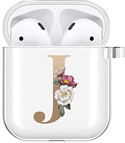 Oihxse Hülle Transparent Kompatibel mit Airpods 3(2021), Silikon Weiche Durchsichtige Schutzhülle mit Karabiner Blumen Buchstabe Muster TPU Cover für Airpods 3.Generationen - J
