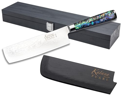 Katana Saya Pearl 18cm Nakiri Knife, Japanese 67-Layer VG-10 Damascus Stainless Steel, Kitchen Knife, Acrylic Handle with Abalone Pattern, Japanese Style