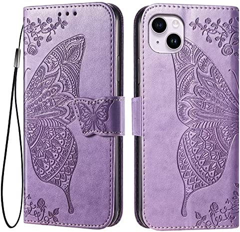 EASSGU Custodia per iPhone 14 (6.1 Inches) Flip Folio Cover Magnetica per Telefono in Pelle con 3 Slot per Schede 1 Portafoglio, Case - Viola Chiaro