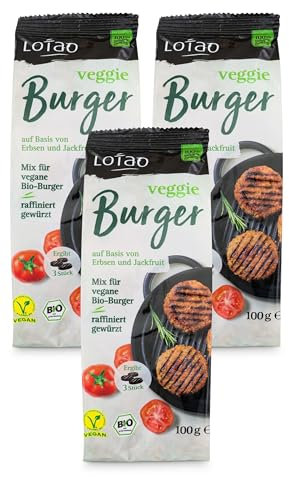 Sojafreie LOTAO Veggie Burger - 3x100g Mix für vegane Burger Patties | Veganer Fleischersatz mit Erbsenprotein und Jackfruit | Vegane Lebensmittel: BIO, ohne Zusatzstoffe, lecker und schnell fertig