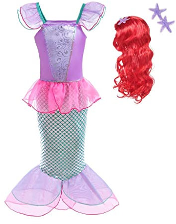 Lito Angels Meerjungfrau Prinzessin Arielle Kostüm Kleid Verkleidung mit Haar Perücke für Kleinkind Mädchen, Größe 3-4 Jahre 104, Heißes Rosa