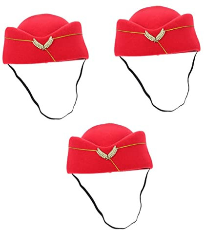 NUOBESTY Roter Hut Damen Zubehör 3pcs Britischer Hut Vintage Filz Party Xxcm Leistung Flugzeug Zoll Haardekor Hostessen Verstellbares Decorred Band Damen Dekoratives Zubehör Stewardes Caps Kostüm