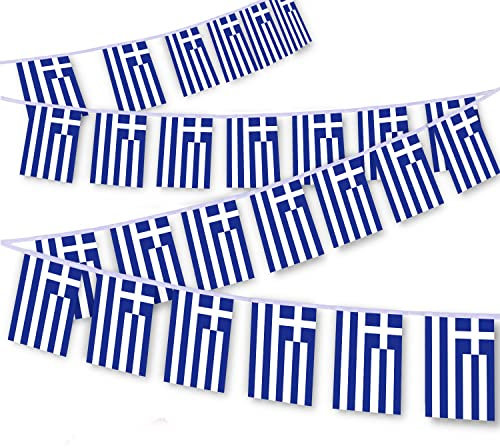 30 Stück Griechenland-Flaggenschnur, 90 m, griechische Wimpelkette, Dekorationsbanner für den Innen- und Außenbereich, Terrasse, Hof, Dekoration