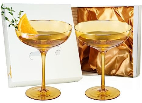 The Wine Savant Colored Sunset Amber & Gilded Rim Coupe Glass, 9oz Cocktail & Champagne Glasses 2-Set Vibrant Color Gold Vintage Tumblers, Margarita, Glassware Gifts, Housewarming Coupes