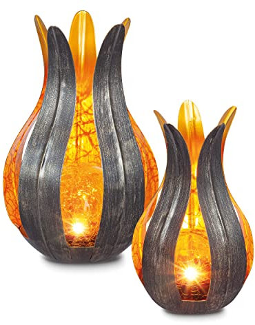 Esotec Blumen Solarleuchte Lilie, 2er Set, gelb, 12+15cm, Crackle Bruchglas Solarkugel, Akku, Solarmodul, Dekoleuchte, Blumenleuchte, Gartenleuchte, metall, außen, wetterfest, outdoor 103112
