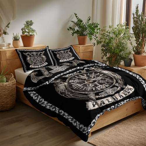 King Duvet Covers Reversible Viking Valhalla Bedding Set 91 x 87 inch , Black and Silver Nordic Design, Quilt Cover Ultra Soft Hypoallergenic Microfiber 3 piece with Zipper Closure, 2 Pillowcases