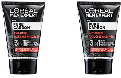 L'Oréal Men Expert Waschgel für das Gesicht, Anti-Pickel Gesichtsreinigung für Männer, Mit vulkanischem Mineral und Vitamin B3, Pure Carbon, 1 x 100 ml (Packung mit 2)