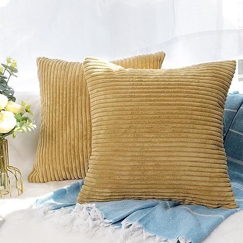CALIYO Kissenhülle Kord Uni 2er Set, Kissenbezug 60x60 Kissenbezüge für Zierkissen Dekokissen Sofakissen Couchkissen in vielen Farben Hellbraun