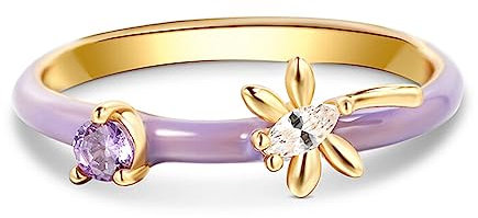 Jeulia Sterling Silber Damen Ring: Seerosen Inspirierter Emaille Zirkonia Stapelring Vergoldet Band Mädchen Libelle Promise Verlobung Antragsring Party Personalisierte Schmuck (66(21.0), Libelle Lila)