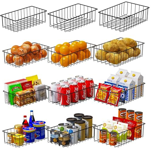 Joben Oligey 12 PACK (3 Szie) Small Wire Storage Baskets for Organizing,Pantry Organization Bins for Cabinets, Metal Basket for Kitchen, Bathroom Organizer (Black)