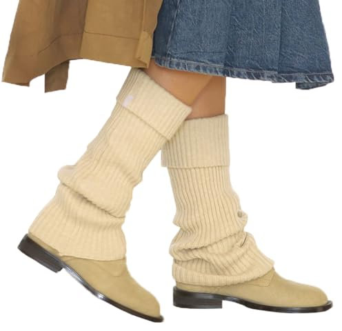 UNDERCONTROL Calzini invernali in lana e cashmere a coste, caldi, di grandi dimensioni, per coscia Y2k, gamba larga, scaldamuscoli da balletto, stivali lunghi, calzini senza piede, Corea (BEIGE)