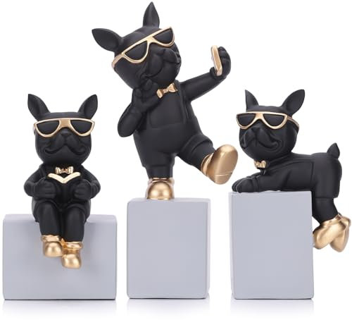 3 Stück Harz Schwarz Französische Bulldogge Figuren Set - Moderne Hundestatuen mit goldenen Akzenten, Dekorative Bulldogge Skulpturen für Regal, Couchtisch, Bürotisch, Wohnzimmer, Kaminsims
