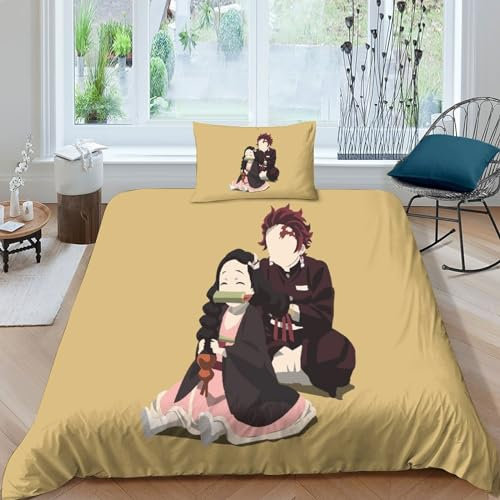ITOMEN Nezuko Bettbezug Set Bettwäschegarnitur 3D Gedruckter Anime Mädchen Junge Kinder Reissverschluss Bettwäsche Weich Microfaser Und Kissenbezüge 2 Teilig Single(135x200cm)