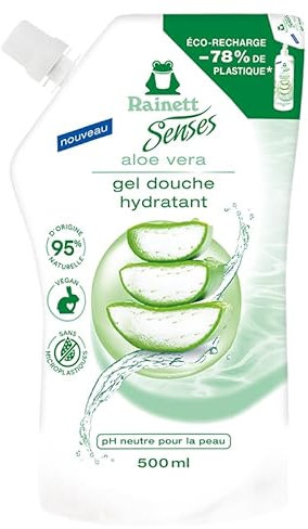 RAINETT Senses - Gel Douche Hydratant à l'Aloe Vera - 95% d'Ingrédients d'Origine Naturelle - Formule Vegan - Gel Douche pH Neutre Pour La Peau - Eco-Recharge 500 ml