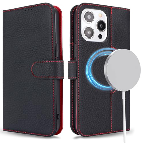 ELTEKER Handyhülle für iPhone 15 Pro Hülle [Echtes Leder] Klapphülle Schutzhülle Flip Case - Litchi Schwarz