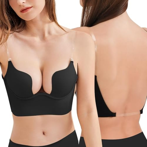 ZUKULIFE Reggiseni da donna a schiena bassa con spalline trasparenti Deep V Push Up Reggiseno a taglio basso Multiway Convertibile Reggiseno Aggiungi Coppa