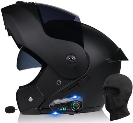 Motorrad Klapphelm mit Bluetooth Motorradhelm mit Sonnenblende ECE Zertifiziert Integralhelm mit Doppelvisier Roller Mofa Helm mit Mikrofon Auto-Antwort für Erwachsene Herren Damen