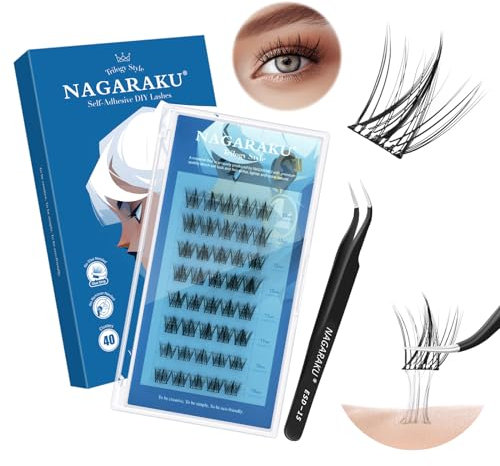NAGARAKU Pre Glued Cluster Lashes with Lash Tweezers Kit 48 Pcs No Glue Needed One-Step Press-On Lash Clusters Self Adhesive Reusable DIY Lashes Trilogy Style (SAT-09,0.07mm C Curl 10-13mm)