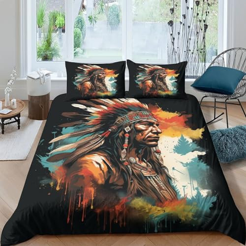 FWLYIJIAREN Indianer 3D Print Bettbezug Set, Sanft Mikrofaser Für Mädchen Jungs Kinder Bettwäsche Set 3teilig Mit ReiBverschluss Und KissenbezugKing(220x240cm)