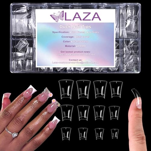Laza 600pcs Short Duck Nail Tips 12 Sizes Box-packed Clear Duck Nails Half Cover Wide Nail Tips French False Nail Tips for Acrylic Nails Extension Tips — 22MM
