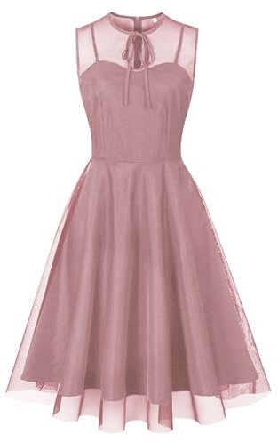 Robe de soirée pour femme - Style rockabilly des années 1950 - Sans manches - Cravate florale - Broderie - En maille - Élégante - Pour mariage, cocktail, fête, vieux rose, XXL