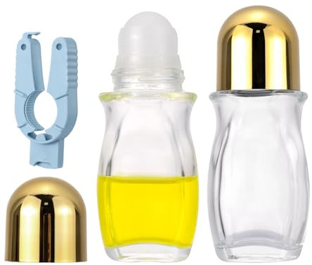 Kesell 2Pcs 50 ml Clear Roll On Bottles Roller Ball Deodorant Container with 1pcs Opener Empty Glass Roller Bottles Refillable Deodorant Container with Essential Oil Rollerball (Gold Cap)