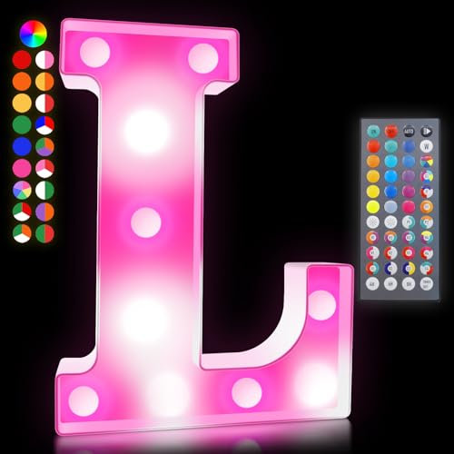 Colorful LED Marquee Letter Lights with Remote, RGB Light Up Letters, 34 Colors Changing Battery Powered Letter Lights Gift for Wedding Birthday Party Halloween Christmas Home Decor, LED Letter L