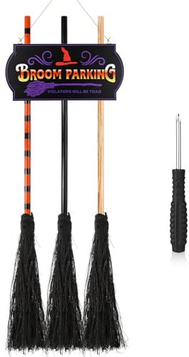 Broom Parking Sign with 3 Wooden Witches Brooms, Creative Halloween Decorations Funny Halloween Wall Decor for Indoor Outdoor Wall Porch Home Office