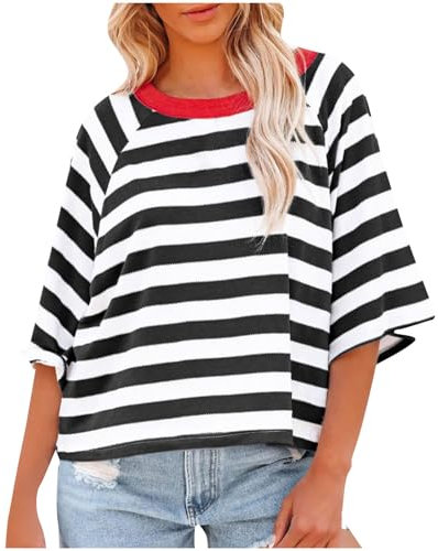 T-shirt à manches 3/4 pour femme - Col bateau - Coupe ample - Tricot rayé au crochet - Chemises d'été et d'automne 2024, X-512 Noir, XXL