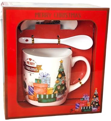 Festive Christmas Mug and Spoon Gift Set – Merry Christmas Design with Holiday Tree and Presents – Ideal for Gifting (Christmas, Santa HK-14261)