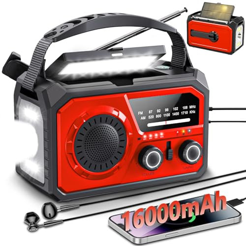 Radio de manivela portátil de 16000 mAh/59200 mWh, radio de emergencia portátil con manivela, radio solar AM/FM con función de carga de teléfono móvil, alarma SOS, conector para auriculares, luz de