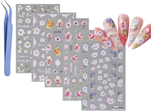 5 Sheets Flower Nail Art Stickers 5D Embossed Self-Adhesive Spring Summer Floral Nail Stickers Decals with Tweezer (5 Sheets)
