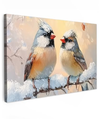MuchoWow© Bild auf Leinwand Groß 120x80 cm XXL Weihnachtsdeko Schlafzimmer Bilder Badezimmer Wand Deko Wohnzimmer Weihnachtsgeschenke Modern Bilderwand Geschenk Vögel - Zweig - Winter - Schnee