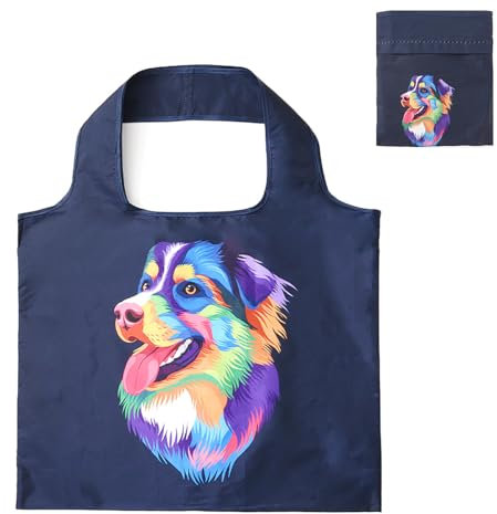 Lin’s Liliana große Einkauftasche faltbar 50x40cm, Handtasche mit Tierdruck, wiederverwendbar reißfest Einkauftasche handlich leicht Tasche für Einkauf Reise Ausflug (Blau Hund)