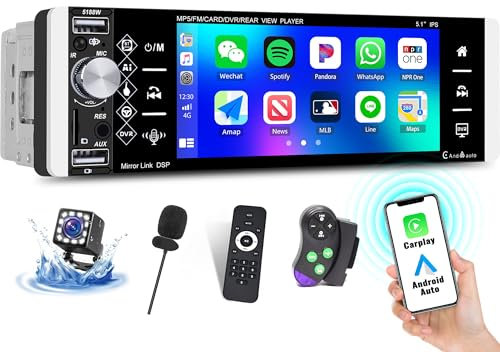 OiLiehu Radio 1din con Pantalla 5.1 Pulgadas Carplay Android Auto Autoradio Soporte Mirror Link/EQ/Bluetooth/SWC/FM Am RDS/Camara Marcha Atras/DVR/AUX/USB/Tipo C Carga Rápida/Micrófono
