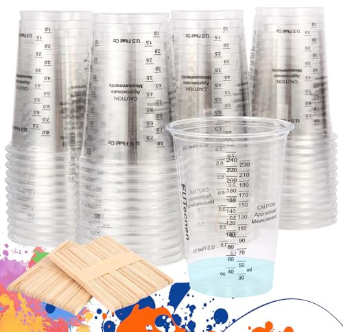 Ksvaye 50 Pezzi Misurino Graduato, 240ml (8 oz) Bicchiere Graduato Plastica con 50 Bastoncini di Legno per Miscelazione, Misurini Usa e Getta per Liquidi, Resina per Miscelazione, Vernice, Pigmento