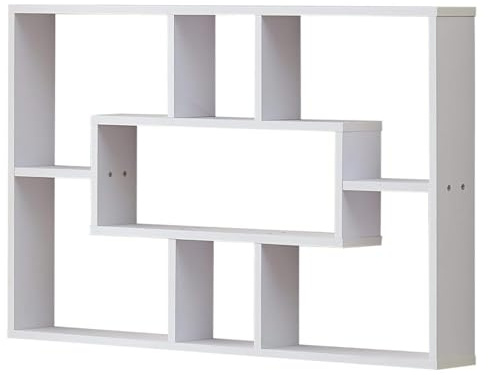Kiswa collection Multi-Compartment Floating Wall Shelves – Stylish Oak Space-Saving Wooden Bookshelf for Bedroom, Living Room, or Kitchen Decorative Display (White, 7 Compartments)