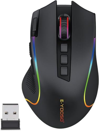 E-Yooso X-11 Drahtlose Gaming-Maus – 8000 DPI optischer Sensor, RGB-Beleuchtung, 9 programmierbare Tasten (inkl. Makro-Aufnahme), Rapid-Fire-Taste, wiederaufladbar für Windows/Mac/PC/Laptop – Schwarz