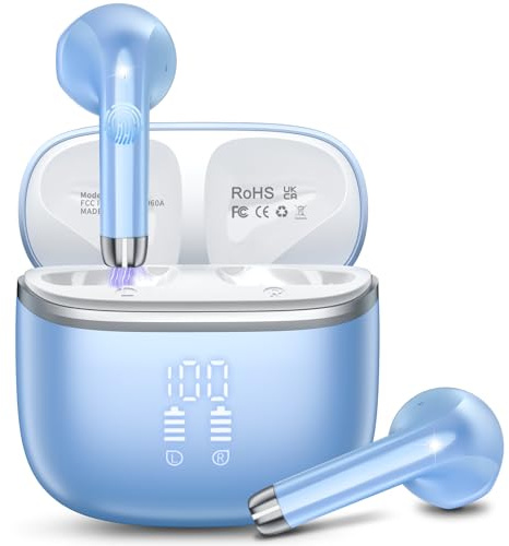 Wireless Earbuds, Bluetooth 5.4 Headphones with 4 ENC Noise Cancelling Mic, 50H Playtime, HiFi Stereo Deep Bass, Bluetooth Earbuds Dual LED Display, IP7 Waterproof Bluetooth Earphones, USB-C, Blue