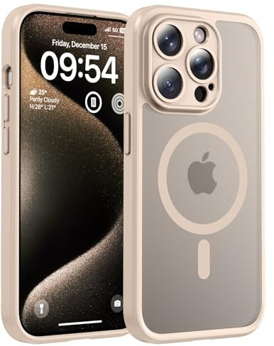 TOCOL Cover Magnetica per iPhone 15 Pro Max 6,7 Pollic, Compatibile con MagSafe, Protezione Fotocamera Integrata, Custodia Antiurto Traslucida Opaca, Titanio Sabbia