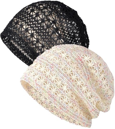 XYIYI Damen Mütze Chemo Hut Slouchy Kopfbedeckungen Kopf Wraps Krebshüte (2Stück Spitze Mesh Schwarz Beige)