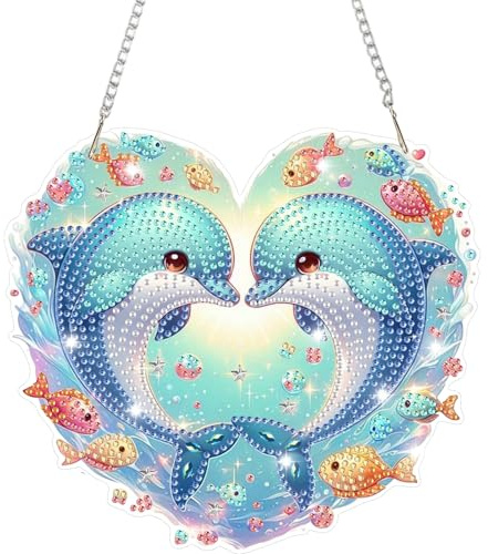 HEIBAGO Tier Diamond Painting Fensterbilder Für Erwachsene, 5D Delfin Besonders Geformt Diamond Painting Anhänger mit Kette, DIY Cross Kristall Fisch Hängend Diamond Art Bilder für Wanddekor