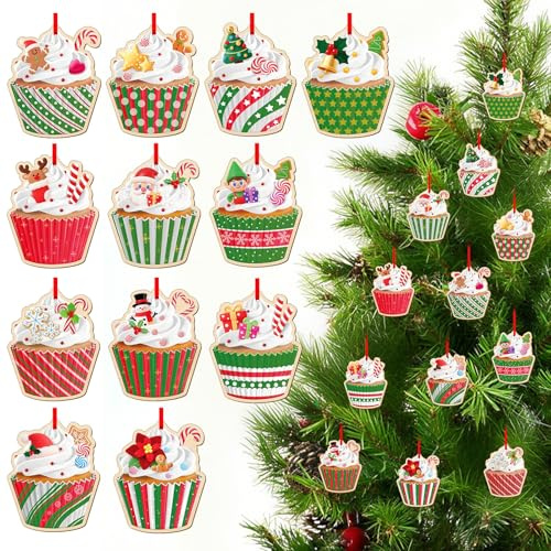 D4DREAM Cupcake Ornaments - 12Pcs Wooden Cupcake Ornaments for Christmas Tree Decorations Funny Food Dessert Xmas Gifts for Kids Women Men Friends Family