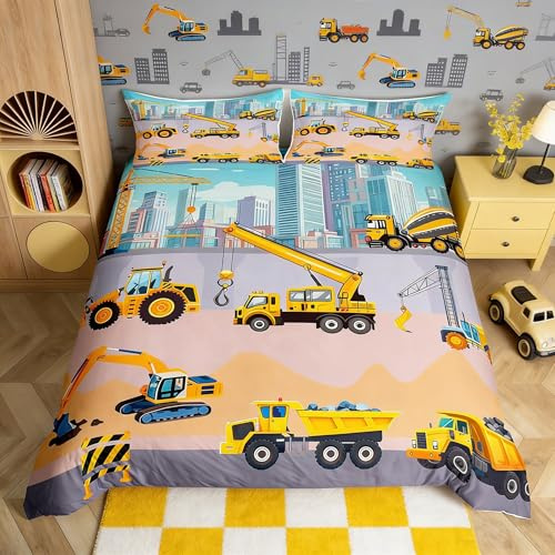 Homemissing Bagger Bettwäsche Set 135x200cm Baufahrzeuge Bettbezug für Jungen Mädchen Ausrüstung LKW Betten Schlafzimmer Dekor