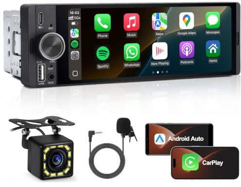 Single Din Car Stereo, 1 Din Car Radio with Wireless CarPlay & Android Auto | 6.36 Touch Screen Head Unit with Rear Camera, Voice Control, Mirror Link, FM, Bluetooth Hands-free Calling, SWC, EQ, Type-C