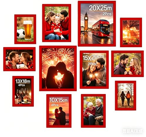 Feihorrm 12er Bilderrahmen Set verschiedene Größen, Bilderwand Collage Rot