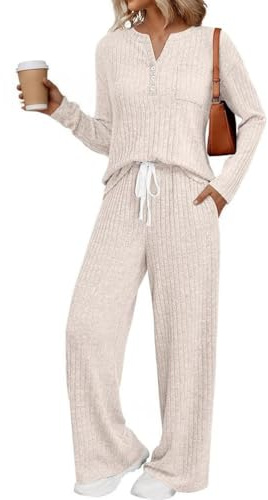 Tomwell Pyjama Femme Hiver Ensemble Chic et Elegant Manches Longue Shirt et Pantalon à Jambes Larges