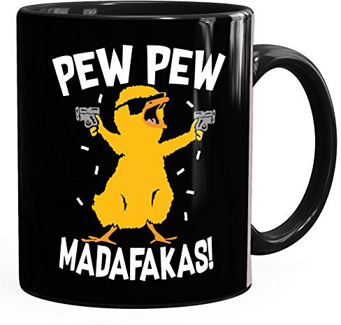 MoonWorks® Kaffee-Tasse mit Spruch Pew Pew Madafakas Crazy Chick Küken Meme Trend Bürotasse lustige Kaffeebecher schwarz Keramik-Tasse